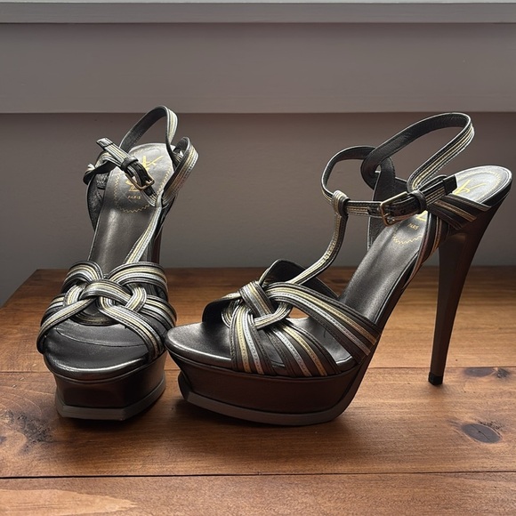 Yves Saint Laurent | Leather Metallic Silver and Gold Tribute Platform Sandals - Picture 5 of 15